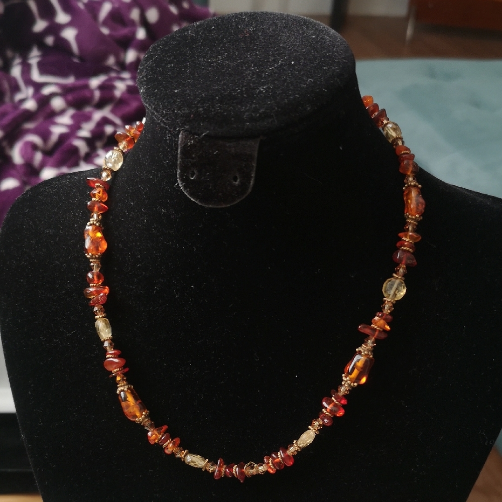 Vintage Estate Collar Necklace 24K Vermeil, Swarovski Crystals, Citrine & Amber